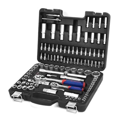 WORKPRO Coffret de Douilles et Embouts 108 Pièces avec Clés à Cliquet 1/2" et 1/4" (72 Dents), 2 Rallonges, Porte Embout et Universel, Boîte Pratique et Résistante