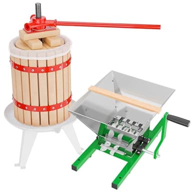 WilTec Kit Presse et Broyeur à Fruits – capacité 7 L / 6 L – avec Entonnoir en Acier, Panier en hêtre et Torchon Sac de filtrage – Pressoir Manuel pour Moût de Pomme Poire Raisins Baies – Vin Cidre