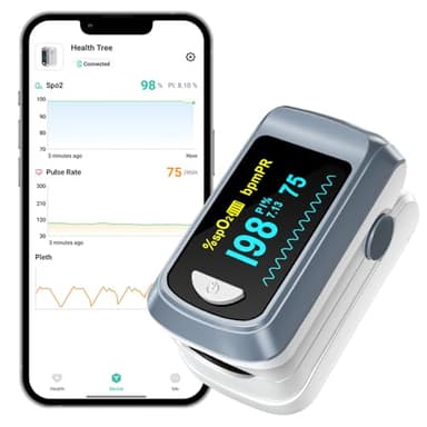 Oxymètre de pouls Bluetooth HealthTree, moniteur de saturation en oxygène du sang et moniteur de fréquence cardiaque pour Apple et Android, avec écran OLED inclus, 2 piles AAA et cordon