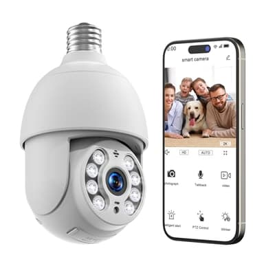 Camcamp 4MP Ampoule Camera Surveillance WiFi exterieure sans Fil, PTZ 360 degrés, Sirene Alarme, caméra cachée, Vision Nocturne Couleur, 2K Video Sécurité Intelligente pour Maison Exterieur Interieur