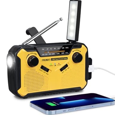 Portable Radio Dynamo Survie, PRUNUS J-369 AM/FM Radio à Pile avec 3000mAh Power Bank/SOS Alarm/Lampe Poch/Panneau Solaire, Haut-parleurs, Ourdoor, Emergency (Jaune)
