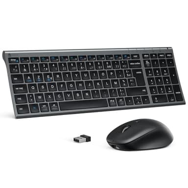 iClever Bluetooth Ensembles Clavier et Souris, Clavier et Souris sans Fil Combo Rechargeable, 2,4 GHz/Bluetooth, Silencieux, Ultra-Fin, Disposition AZERTY Français