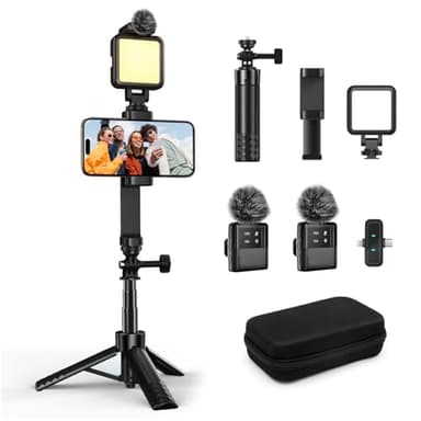 yAyusi Vlogging Kit pour iPhone/Android, Kit Youtuber Comprend Trépied 3 en 1, Lumière LED, Microphone et Housse de Rangement, Idéal pour Interviews de Rue et Enregistrement de Vlog