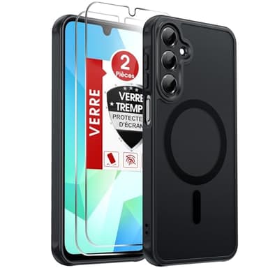 LeYi Coque Magnétique pour Samsung Galaxy A16 / A 16, avec 2 Verre Trempé, Compatible avec MagSafe, Étui Housse Antichoc Bumper TPU Dos Translucide Mat Fine, Noir