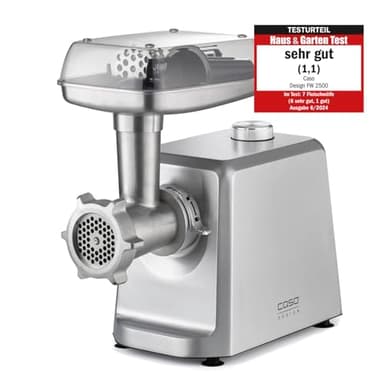 CASO FW 2500 – Hachoir à viande électrique professionnel, 2 500 W, fonction marche avant et arrière, 2,5kg/min, accessoire à saucisses, 3 grilles en inox (3, 5 et 8 mm), corps en aluminium, argent