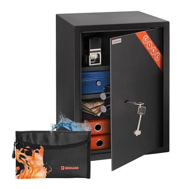 Brihard Business XL Coffre-fort à Clé 50 x 35 x 36 cm avec Sac Ignifuge, Grand Coffre Fort de Bureau 60 L avec 2 Etagères Réglables, Coffre-fort à Clés pour Argent et Bijoux