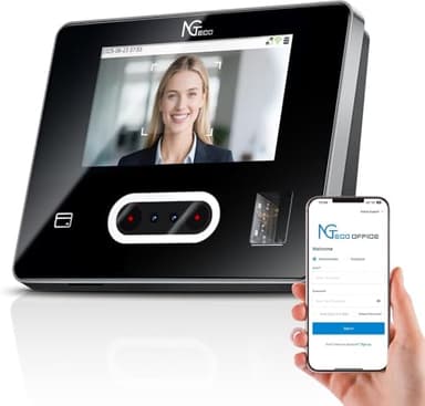 NGTeco Pointeuse Horaire Cloud Écran Tactile,Visage/Empreinte Digitale/Carte/Code PIN, WiFi 2,4 GHz et 5 GHz, Logiciel et Application, 10 Cartes IC, Aucun Frais Mensuel