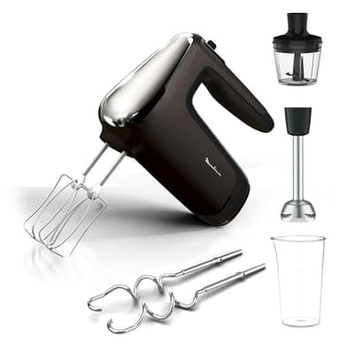 Moulinex Powermix Silence Batteur à main, 600 W, Variateur de vitesse, Turbo, 2 fouets, 2 crochets pétrisseurs, Pied mixeur en acier inoxydable, Mini hachoir HM653910, Argent