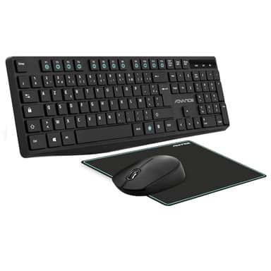 Advance | Elite Wireless Combo | Ensemble Clavier Souris sans Fil +Tapis | Kit Bureautique pour PC/Portable | Clavier Ergonomique | Souris Optique 1600 DPI et Molette Silencieuse | Tapis Antidérapant