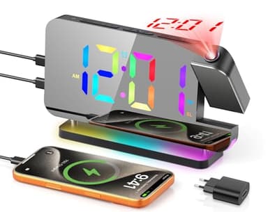 TAKRINK Reveil Projecteur Plafond RGB avec Radio Projecteur 180° Chargeur USB 2 Modes d'Alarme Affichage LED Ajustable Veilleuse Multicolore Cadeaux pour Enfants et Parents