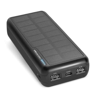 SBS Solar PowerBank, 20000mAh, Batterie Externe avec Panneau Solaire, Charge Rapide, Intelligent Charge (IC), LED de Charge, USB-C, USB-A, Chargeur Portable de Voyage, Design Compact, Noir