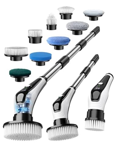 Brosse Rotative Nettoyage avec 9 têtes Manche Extensible 2 Vitesses, Batterie 3000mAh Brosse Nettoyage Electrique étanche IPX8 pour Salle de Bain, Cuisine et Voiture