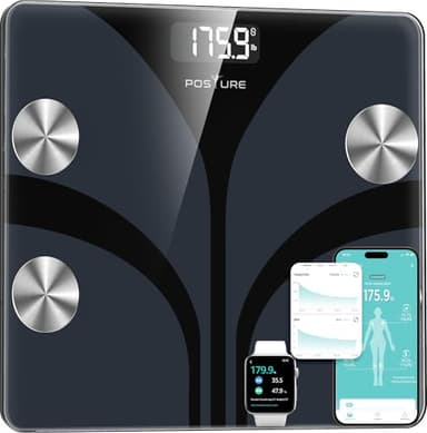 Posture Balance Pese Personne pour Salle de Bain, Haute Précision, Impédancemètre 13 Indicateurs (IMC/Graisse Corporelle/Muscle) avec App, Max 180 kg - Noir