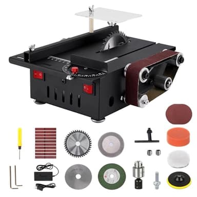 Mini Scie de Table, Scie Circulaire Compacte avec Ponceuse à Bande, 200W Multifonctionnelle Portable de Précision pour Bricolage, Mini Scie de Table, 4 Lames, 0,1-30mm Lame pour Travaux du Bois et DIY
