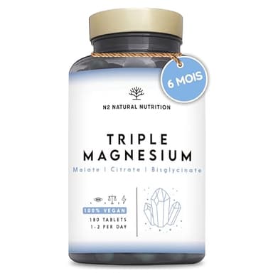 Triple Magnésium Bysglicinate, Citrate de Magnesium et Magnesium Malate. 180 comprimés (6 mois) Multiples Bienfaits: Digestion, Muscles, Nerveux. Anti Stress et Fatigue. 220 mg. N2 Natural Nutrition