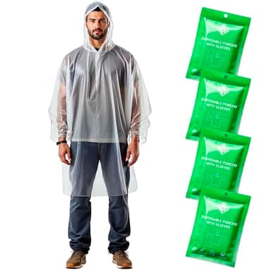 ZENO Poncho Imperméable Jetable – Cape de Pluie Femme & Homme – Modèle Transparent avec Capuche et Manches – Protection Adulte pour Vélo et Randonnée – Pack de 4 – Vert