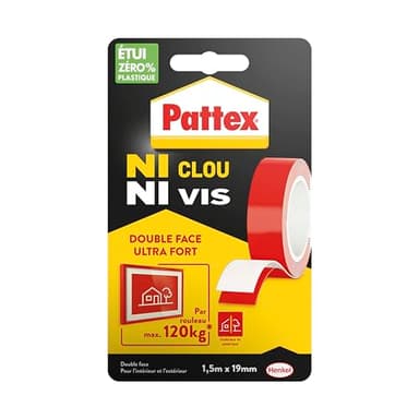 Pattex – Ni Clou Ni Vis – Ruban adhésif double face ultra fort (rouleau de 1,5 m x 19 mm) – Adhésif de montage pour intérieur & extérieur – Maximum 120 kg par rouleau