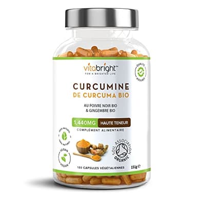 Curcuma Gingembre Poivre Noir 1440 mg | 180 Gélules | Curcuma Bio Poudre (Curcumine) | Complément Alimentaire | Avec Piperine et Gingembre | Turmeric Gelules VitaBright