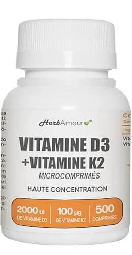 VITAMINE D3 K2 (Stock Pour 1 an et 4 Mois) 500 Micro-Comprimés Haute Dose et Absorption I Vitamine D3 de 50 μg de 2.000 U.I. + Vitamine K2 de 100 μg | Sans Gluten, Lactose, Sucres et Soja