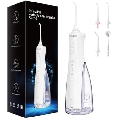 Pulsefell Jet Dentaire Hydropulseur Portable, 300 ML USB Rechargeable Sans Fil Hydropulseur Dentaire avec 4 Embouts et 4 Modes, étanche IPX7 Water Flosser pour Domicile et en Voyage (Blanc)