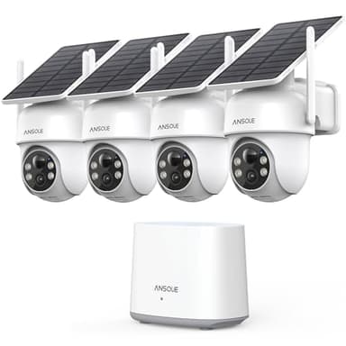ANSQUE 2K Camera Surveillance WiFi Exterieure sans Fil Solaire à Batterie, Kit 4 Caméras avec Home Station, Zéro Frais, PTZ 360°, Suivi Automatique, Vision Nocturne en Couleur, Alarme Lumineuse Sonore