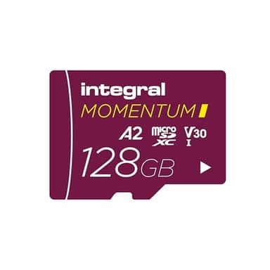 Integral Momentum I 128 Go Carte microSDXC, 210 Mo/s en Lecture, 180 Mo/s en écriture, V30, U3, A2, pour 4K/5K UHD sur GoPro, Drones DJI, caméras Sport et 360°, étanche, Antichoc