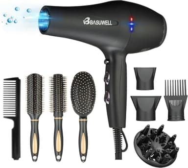 Sèche-cheveux professionnel Ion 2400 W Sèche-cheveux 3 chauffage 2 vitesses Sèche-linge infrarouge lointain Moteur AC à faible bruit avec diffuseur de sèche-cheveux (Noir mat)