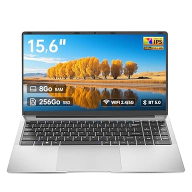 Ordinateur Portable 15,6", Celeron N3450, 8 Go RAM, 256 Go SSD, PC Portable Étudiant FHD IPS avec Wi-Fi 5, Mini-HDMI, Bluetooth 5.0, Pavé Numérique – Idéal Pour La Maison, Les Études et Le Travail