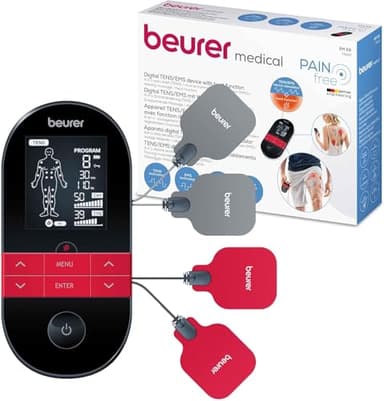 Beurer EM 59 Électrostimulateur musculaire TENS/EMS, 4-en-1 pour la thérapie de la douleur, la stimulation musculaire, le massage et avec fonction chaleur, avec 4 électrodes et batterie.