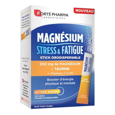 Forté Pharma - Magnésium Stress & Fatigue Sticks - Performances Physique et Mentale, Energie booster, Action rapide - Taurine, Vitamine B6, Vitamine C - 20 sticks orodispersibles, 1/jour