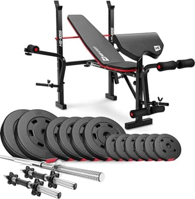 HOP-SPORT® Banc de Musculation Pliable Multifonction HS-1055 Pupitre de Curl, Papillon, Presse jambes et Set d’haltères de 38 kg, Disques de poids en plastique alésage 31 mm et barres d'haltères, Noir