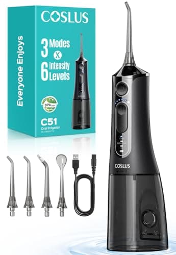 COSLUS C51 Jet Dentaire Hydropulseur Irrigateur Oral: 3 Modes & 18Niveaux, Pic Dentaire Eau pour Orthodontie, Appareil Dentaire, Gencives Sensibles, Compact pour Voyage, Noir Brillant