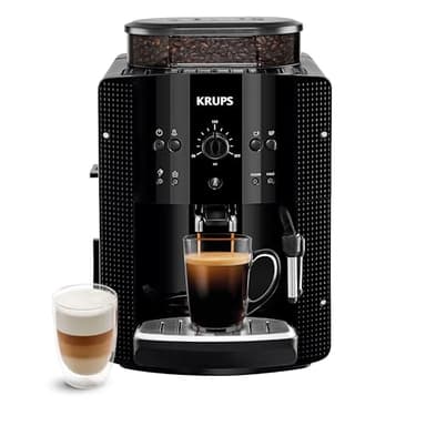 Krups Machine à café grain, machine expresso, 2 tasses en simultané, Nettoyage automatique, Buse vapeur pour Cappuccino, Cafetière espresso, Essential noire YY8125FD, Noir