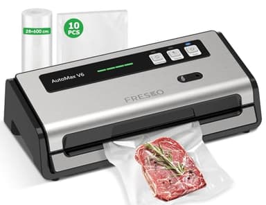 FRESKO Machine Sous Vide Alimentaire Automatique, Bandes chauffantes élargies, Coupe-sac Intégré et Rangement des Sacs, Mode Humide et Sec, Utilisation à une Main (Automax V6)