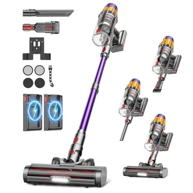 Aspirateur Balai Sans Fil avec 2 Batteries, 150Min/55KPA/600W/2.0L Aspirateur Sans Fil Puissant, Brosse Anti-Enchevêtrement/Support Mural Rechargeable/Écran LED, pour Poils d'Animaux/Tapis/Sols Durs