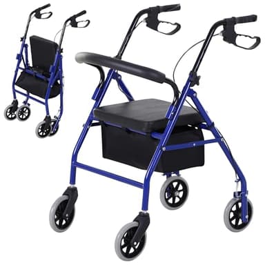 HOMCOM Déambulateur 4 roues - déambulateur pliable léger - assise + dossier rembourré - poignées ergonomiques, freins à main - panier rangement - métal bleu