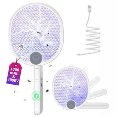 WOCVRYY Raquette Electrique Insectes 4000V Raquette Moustique Electrique 1800mAh Piable Tapetteà Mouche Electrique USB Rechargeable avec 3 Couches Protection en Maille Support Mural
