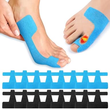 Koxtyzo 50 Pièces Bandes de Kinésiologie Prédécoupées pour Hallux Valgus, Hallux Valgus Orthese pour les Pieds et les Orteils, Doux et Respirant pour Hommes & Femmes (Noir + Bleu)