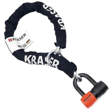 KRASER KR50120L Antivol Moto Homologué SRA | Chaîne ø13,5 Haute Sécurité Acier Cémenté Testée + Robust Mini U ø18mm, 3 Clés (autres 2), Bloque Disque + Chaîne, 2en1, Recommandé Assurances, 120cm Lasso