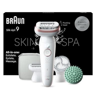 Braun Epilateur Electrique Pour Femmes Silk-épil 9 9-080, Tête Flexible 360° Pour Epilation Facile, Etanche, Sans Fil, Avec Tête De Rasoir, Brosse Exfoliante Et Sabot Tondeuse, Kit De Spa Tout-En-Un