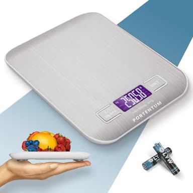 PORTENTUM Balance de Cuisine Électronique de Haute Précision 5000g/1g avec Écran LCD Rétroéclairé, 6 Unités et Fonction Tare Acier Inoxydable, Smart Digital, Balance Alimentaire, Argent