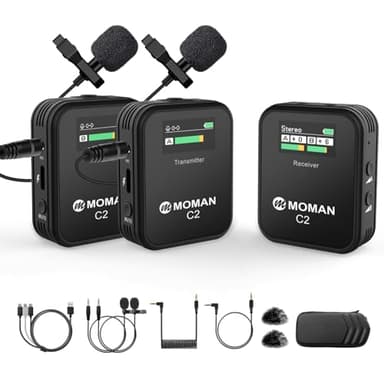 Moman Micro Cravate sans Fil Professionnel, C2X Wireless Lavalier Microphone Con Écran TFT pour Appareil Photo Transmission 100m Caméra DSLR Caméscope Smartphone PC Laptop Tablette