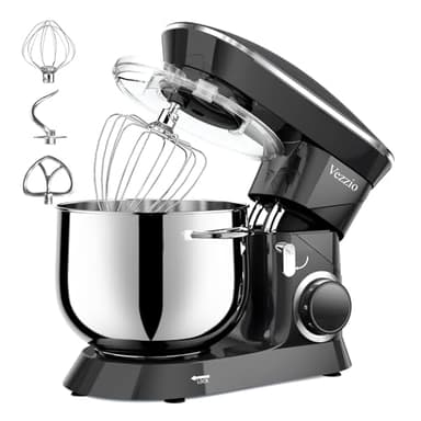 Robot Pâtissier Vezzio Robot Cuisine Multifonctions 8.5L Robot Pâtissier 6 Vitesses Robot Pétrin Professionnel Faible Bruit vec Crochet Pétrin,Batteur plat,Fouet à Fils (Noir)