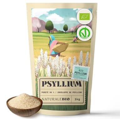 NaturaleBio Tégument de Psyllium Blond BIO - 1kg - Pureté 99%. Psyllium Husk Biologique, Naturel et Pur. Cosses de Graines Indiennes. Riche en fibres, à consommer dans l'eau, les boissons ou jus.