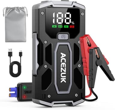 ACEZUK Booster Batterie Voiture 6000A, Démarreur de Voiture Portable (Jusqu'à 5.5L Diesel ou 7.0L Gaz), 12V Jump Starter avec 2.5 inch Écran LCD, Pinces de Sûreté Intelligentes, Lumière LED