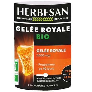 HERBESAN®- GELÉE ROYALE BIO 1 000MG - Fortifiant - Cuillère doseuse incluse -Conditionné en France - Pot de 40g