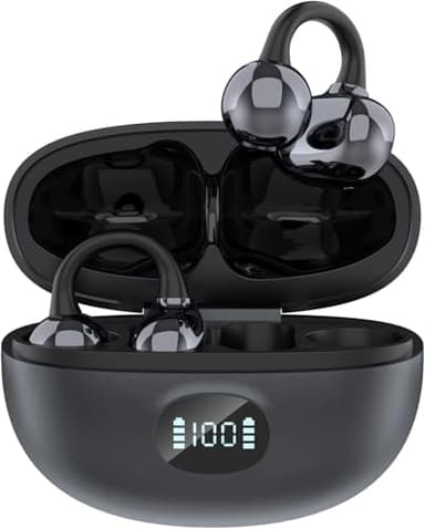 AZJLOOF Écouteurs Bluetooth sans Fil, Open-Ear avec Clip, Léger et Stable Seulement 4.5g, Suppression du Bruit, iOS & Android, IP57, Affichage LED, pour Voyage/Deporte/Études/Running Sport (Noir)