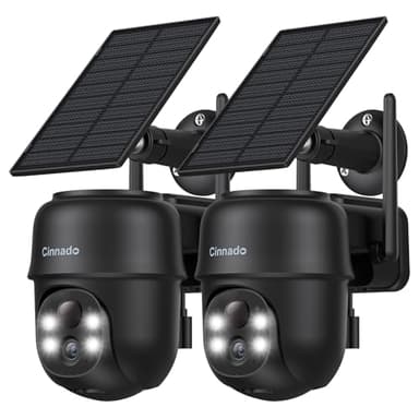 Cinnado 2K 3MP Camera Exterieur sans Fil Solaire - Caméra de Surveillance sans Fil avec Panneau Solaire, WiFi 2.4 Ghz & PIR Sirène, Détection Humaine IA, B6 Noire (Lot de 2)