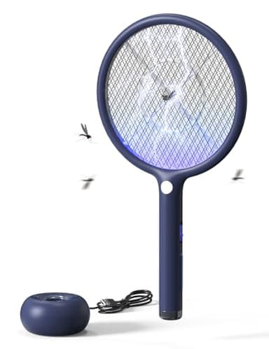 AROEVE Raquette Electrique Insectes, 2-en-1 Raquette Anti Moustique Electrique, 4000V, Base de Chargement USB, Batterie Rechargeable 1200mAh, Mode d'attraction Auto, Lumière LED, Grille 3 Couches,Bleu