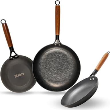 lätt Home Set de Poêles en Fonte Antiadhésives – Compatibles Induction, Gaz, Vitrocéramique, Électrique, Four et Lave-vaisselle – Manche Amovible en Bois d’Acacia – Lot 3 Poêles 20-24-28 cm